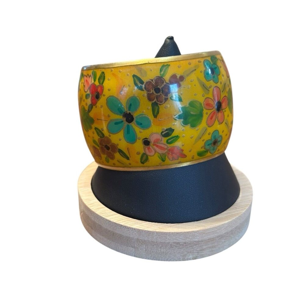 Vintage‎ Yellow Enamel and Floral Design Over Brass Bangle Bracelet 1970’s Retro